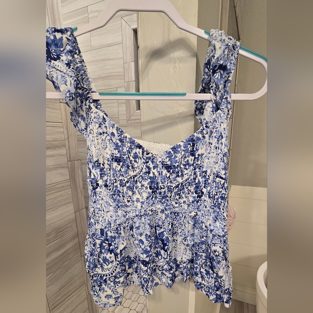 Hollister Blue and White Bustier Peplum Tank Top